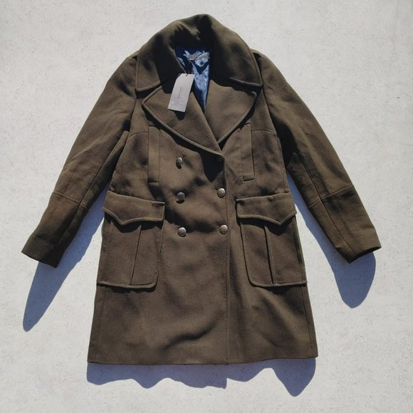 NWT ZARA COTTON WOOL KHAKI OLIVE GREEN DOUBLE BREASTED MILITARY COAT JACKET. M - Picture 3 of 14